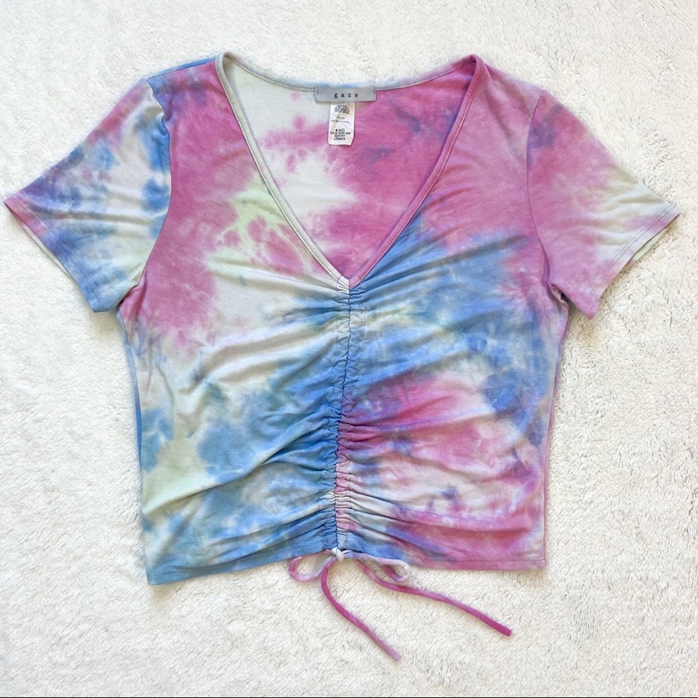 Drawstring front Gaze tie dye crop top pink blue